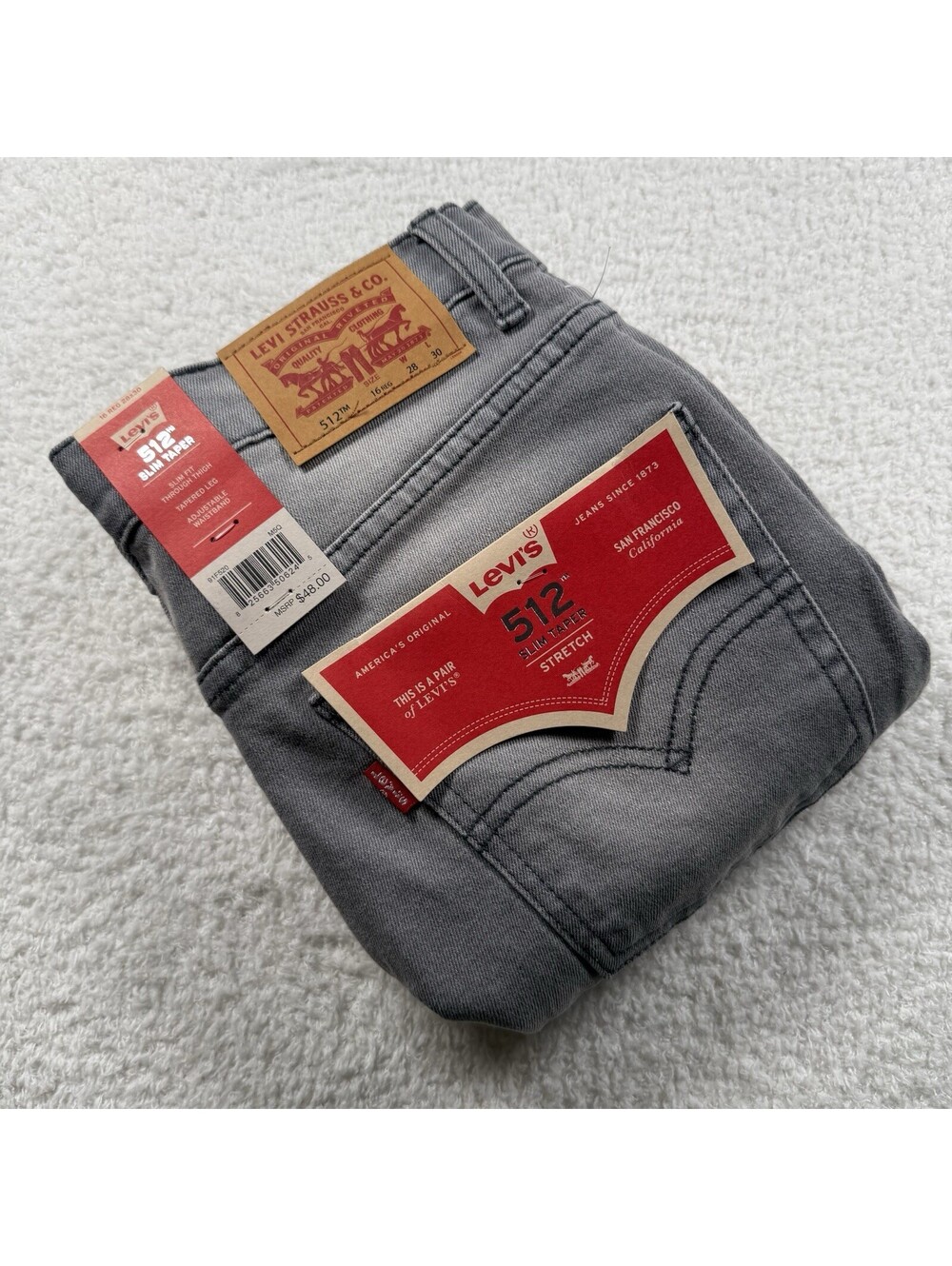 Levi’s 512 Slim Taper Jeans Boys 16 Reg 28x30 Gray Stretch NWT
